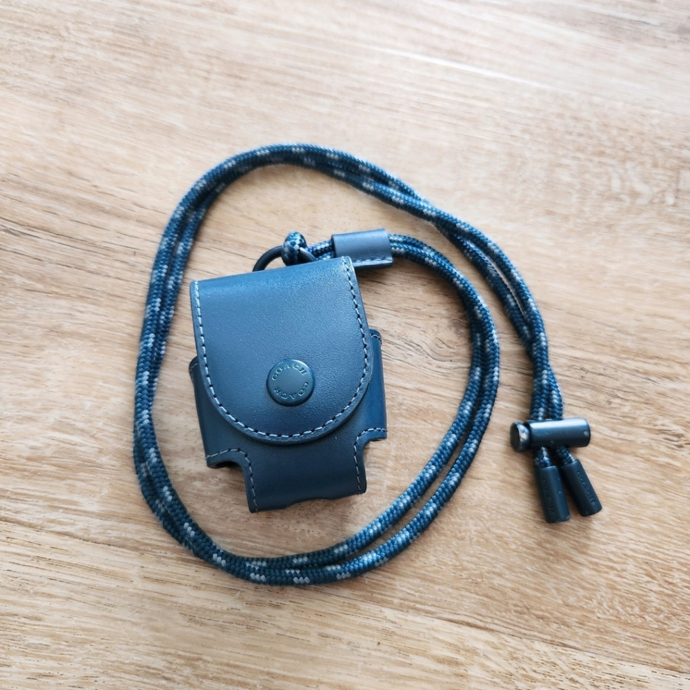 Coach Reef Blue Leather Lanyard Wireless Earbud Case